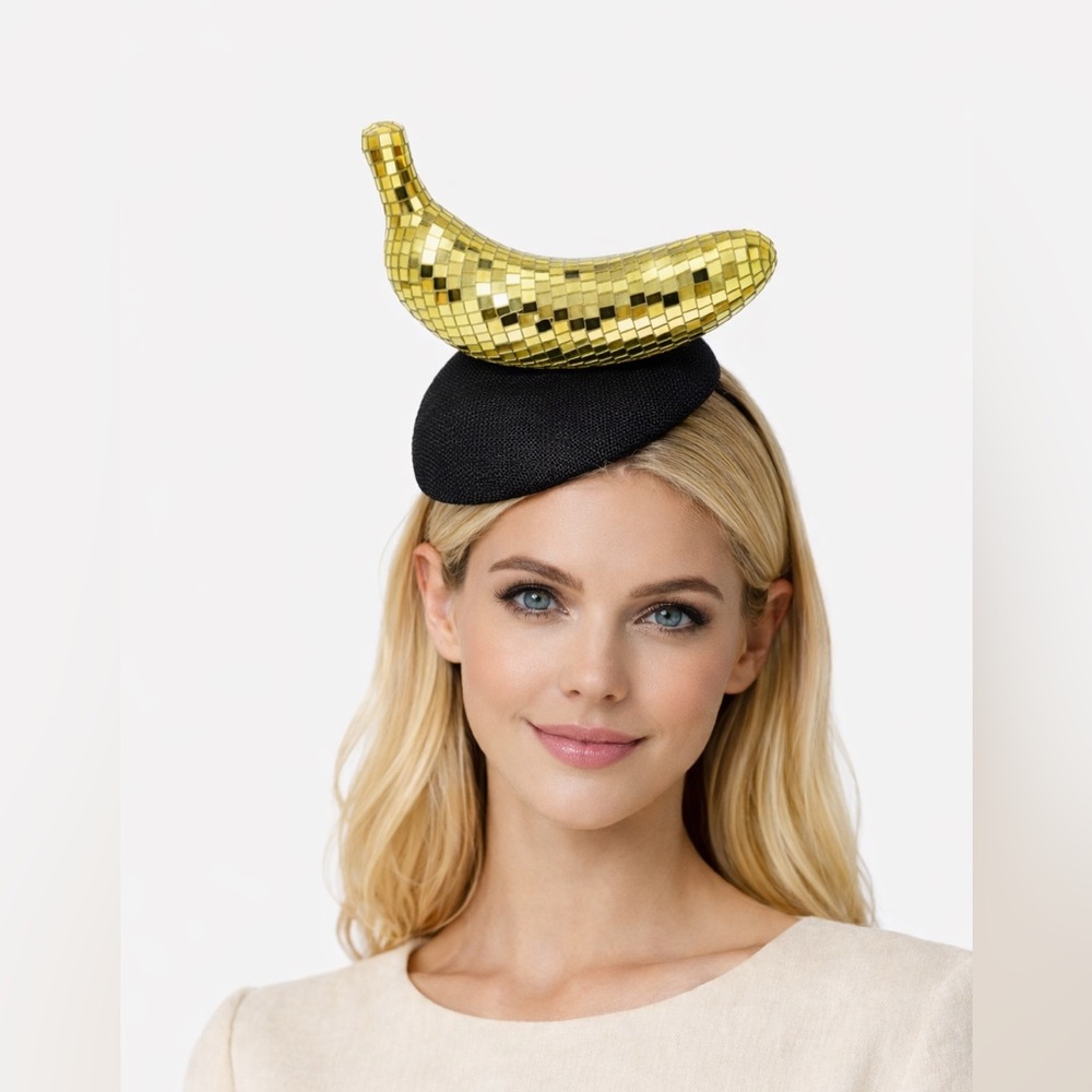 Gold Disco Banana Fascinator Black Sinamay Derby, Tea, NYE, Statement Event Hat